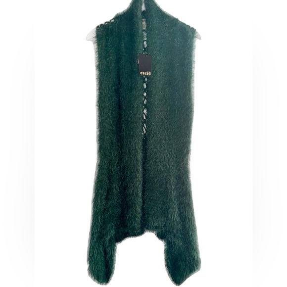 NWT | ESCIŌ | YARN | LONG SLEEVELESS CARDIGAN | FUZZY | HUNTER GREEN | LARGE - Picture 2 of 8